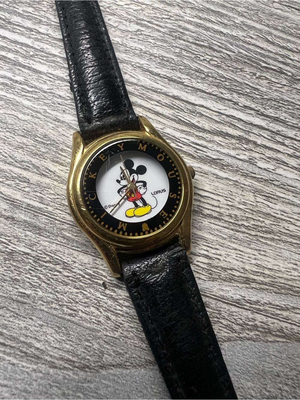 Mickey Mouse Lorus Gold-Tone Watch with Black Leather Strap